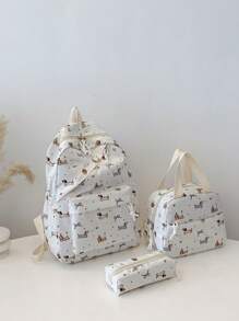 3件套尼龙腊肠犬印花背包，可折叠多口袋大容量拉链背包，适合高中生、大学生日常使用、工作、旅行、情人节礼物、书包、学院风背包带铅笔盒，可爱腊肠犬返校必备背包