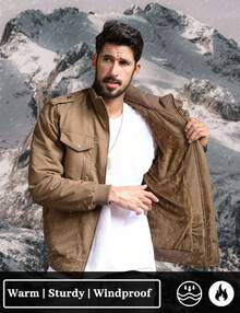 KEFITEVD Men's Fashion Retro Zipper Front Multi-Pocket Hooded Jacket Winter Padded Warm Fleece Lined Jacket Workwear Jacket - 卡其色 - 查看 4