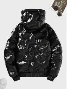 2025 Men's Glossy Stand Collar Windproof Long Sleeve Detachable Hood Solid Color Casual Padded Coat, Warm For Autumn/Winter