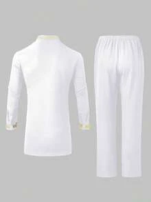 男士白色达希基套装（两件套）：双排扣长袖西装外套，松紧腰长裤，金色刺绣，非洲时尚休闲衬衫裤套装，适合派对、婚礼、文化活动、传统仪式等场合。 - 白色 - 查看 4