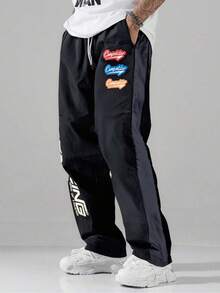 Men's Casual Streetwear Comfortable Contrast Color Patchwork Letter Print Outdoor Sports Pants, Spring/Autumn, Fall - Black - View 3