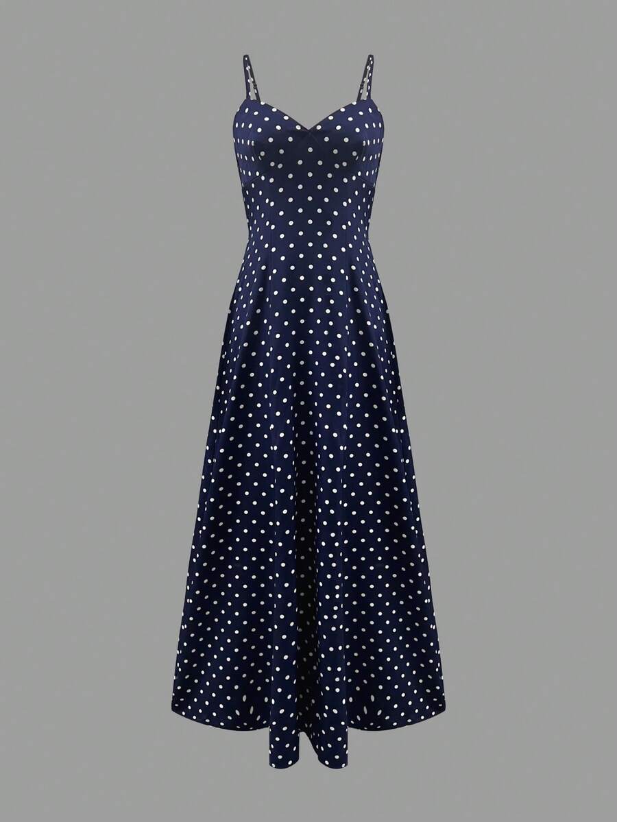 女士波尔卡圆点印花无袖 V 领露背连衣裙，优雅梭织面料，适合晚会、约会、海滩、生日