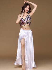 Women's Belly Dance Practice Set Sequined Sleeveless Top + Sexy Slit Long Skirt + Waist Chain 3 Pieces Set Adult Oriental Dance Performance Costume - Multicolor - View 12