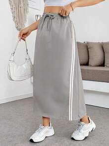 Falda  larga para mujer de color liso con resorte cómodo y cordones laterales para uso casual de moda - Gris - Ver 2