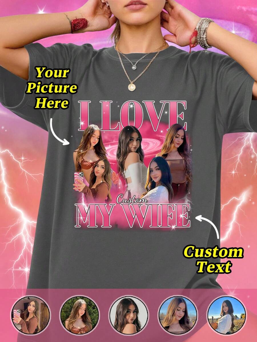 Customized Photo T-Shirt For Women - Add Your Favorite Photo And Text (Girlfriend Photo/Couple Photo/Family Photo/Selfie/Pet Photo/Friend Photo) - Dark Grey - View 1