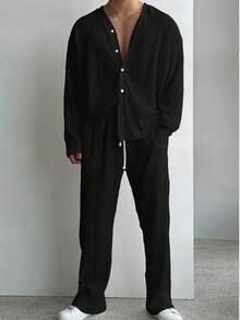 男士休闲度假褶皱长袖衬衫和裤子套装，轻便宽松，适合所有季节，秋季服装 - 黑色 - 查看 4