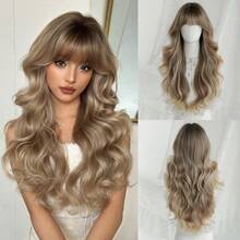 NAMM 26 英寸挑染棕金色波浪假发，宽松长卷发，带刘海，深色发根，高品质耐热纤维合成长卷发假发，适合时尚女性和女孩派对角色扮演使用 - 紫色 - 查看 10