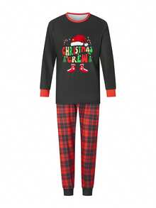 Christmas Family Pajamas Matching Set Letter Santa Hat Print Long Sleeve Tops And Plaid Pants Sleepwear - Black - View 4