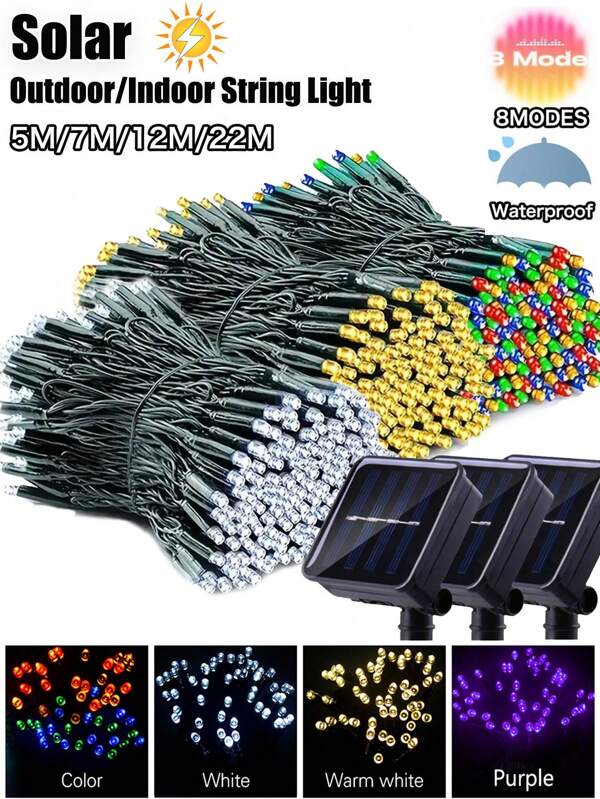 Solar LED Lichterkette für Gartendekoration Outdoor, Solar Licht Lichtkette 5m/7m/12m/22m & 20/50/100/200 LEDs, wasserdicht IP65 mit Funkeln 8 Beleuchtungsmodi, solarbetriebene Lichtschnur mit Lichtsensorsteuerung für Weihnachten, Party, Halloween, Camping, Hochzeit, Pflanzentopf, Garten Dekorationen (Weiß/Mehrfarbig/Warmweiß/Lila)