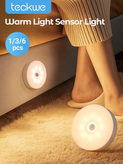 Teckwe 1pc/3pcs/6pcs/Warm Light, LED Wireless Motion Sensor Wall Light, Rechargeable Nightlight Auto On/Off, Suitable For Kitchen, Bedroom, Living Room, Corridor, Bathroom, Room Decoration