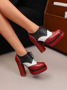Women's Square Toe Lace-Up Brogue Pumps Fashion Block Chunky High Heels Mixed Colors Patchwork British Style Pumps Woman Oxford Shoes - Đỏ - Xem 1