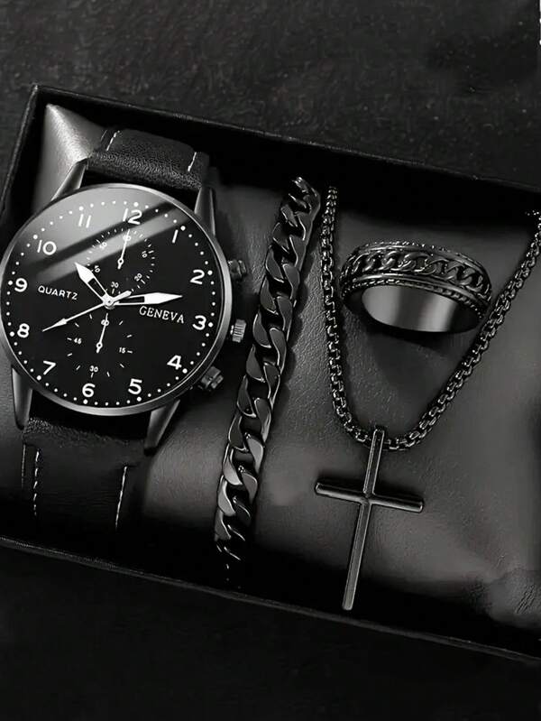 4pcs Men's Casual Quartz Watch Set With Black Dial & Stylish Accessories - Perfect Gift For Him On Father's Day, Valentine's, Easter, Birthdays & Christmas