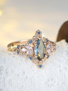 قطعة واحدة من الخواتم الاصطناعية الفاخرة باللون الأصفر الذهبي على شكل بيضاوي بلون الشمبانيا ذو فراغات من الزركونيا، خاتم خطوبة للاستخدام اليومي