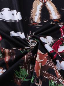 Bộ đồ ngủ 2 món họa tiết xe ngựa cao bồi miền Tây cho nữ, quần đùi hoạt hình, cạp chun, cổ bẻ, thoải mái cho mọi mùa - màu đen - Xem 11