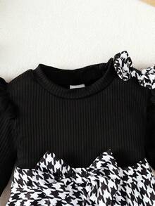 女婴法式优雅套装（2件套）：黑白千鸟格连衣裙+黑色荷叶边袖上衣+发带，0-5岁针织条纹连衣裙，日常穿着及拍照服装，2025春秋新款 - 黑色 - 查看 6