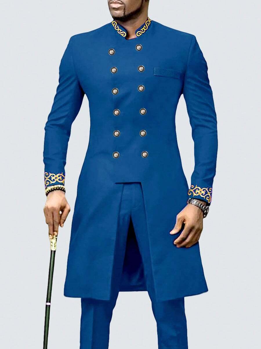 2pcs/Set Men's White Dashiki Double Breasted Long Blazer With Trousers, Golden Embroidery, Long Sleeve, Stand Collar, Elastic Waist Pants, African Clothing, Men's Casual Shirt And Pants Set, New Style For All Seasons, Suitable For Parties, Galas, Weddings, Cultural Events, Traditional Ceremonies