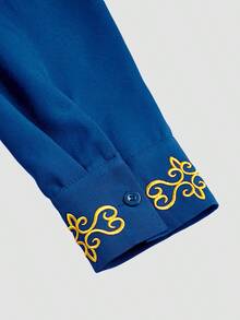 2pcs/Set Men's White Dashiki Double Breasted Long Blazer With Trousers, Golden Embroidery, Long Sleeve, Stand Collar, Elastic Waist Pants, African Clothing, Men's Casual Shirt And Pants Set, New Style For All Seasons, Suitable For Parties, Galas, Weddings, Cultural Events, Traditional Ceremonies