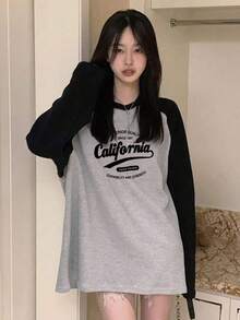 女士纯棉字母印花撞色插肩袖百搭叠穿长袖宽松休闲街头通勤T恤