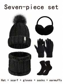 7/5/4/1 Juegos de trajes cálidos a prueba de viento y frío para esquiar, ciclismo, deportes al aire libre, etc. en otoño e invierno. Gorro de lana acolchado, bufanda de punto, guantes de punto, orejeras cálidas, calcetines cálidos, regalos de invierno para mujeres