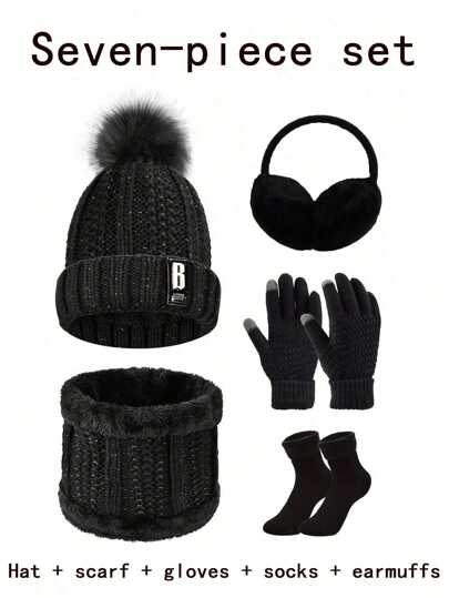 7/5/4/1 Juegos de trajes cálidos a prueba de viento y frío para esquiar, ciclismo, deportes al aire libre, etc. en otoño e invierno. Gorro de lana acolchado, bufanda de punto, guantes de punto, orejeras cálidas, calcetines cálidos, regalos de invierno para mujeres