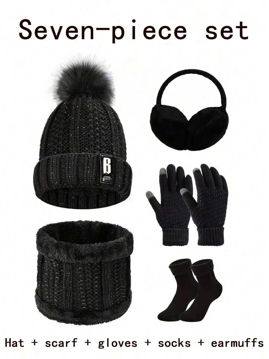 7/5/4/1 Juegos de trajes cálidos a prueba de viento y frío para esquiar, ciclismo, deportes al aire libre, etc. en otoño e invierno. Gorro de lana acolchado, bufanda de punto, guantes de punto, orejeras cálidas, calcetines cálidos, regalos de invierno para mujeres