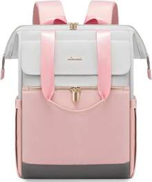 LOVEVOOK Laptop Backpack Women Work Laptop Bag With USB Port - Light Grey & Pink - View 2