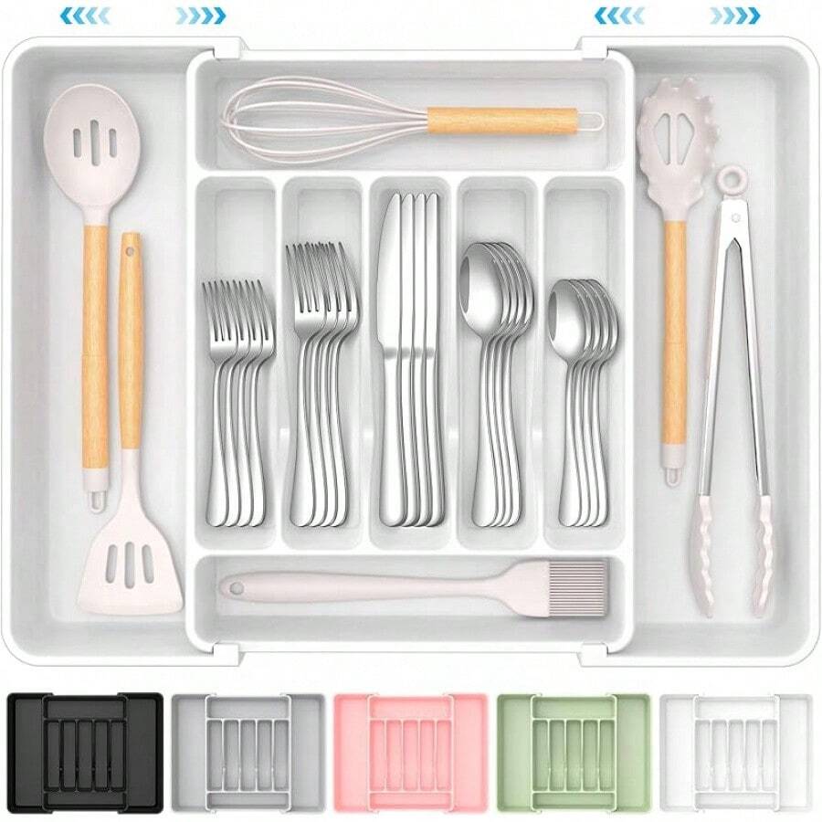 Extra Large Expandable Silverware Organizer,- Cutlery Flatware Organizer, Kitchen Utensil Drawer Organizer, Adjustable Silverware Holder For Spoons Forks Knives, - 白色 - 查看 1