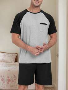 SANOPY Men's Pajama Sets Summer Pjs Sleepwear Nightwear Lightweight Quick Dry Soft Short Sleeve Pjs Sleep Set With Pocket - 黑色 - 查看 3