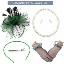 Ibeauti Fascinator Hats With Screentouch Lace Gloves Set Women Tea Party Cocktail Wedding Derby Headwear Short Gloves - 02 黑色/綠色 - 查看 5