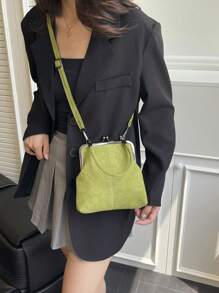 2025秋冬新款时尚复古绒面材质手提包，可拆卸女士单肩包，带纽扣开合钱包。简约绿色斜挎包 - 綠色 - 查看 4