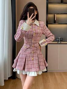 RUIWY 女士秋冬加厚二合一收腰迷人褶皱纽扣中长连衣裙，甜美时尚 - 粉色 - 查看 9