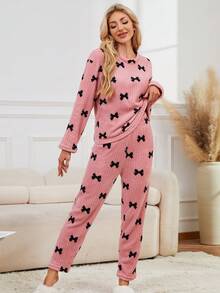 2pcs Women Fairy Style Sleepwear Set, Thermal Lined Long Sleeve Top And Pants, Elegant Bow Decor Homewear Outfit Suitable For Outerwear, Fall Winter Clothes, Fluffy Pajama, Cozy