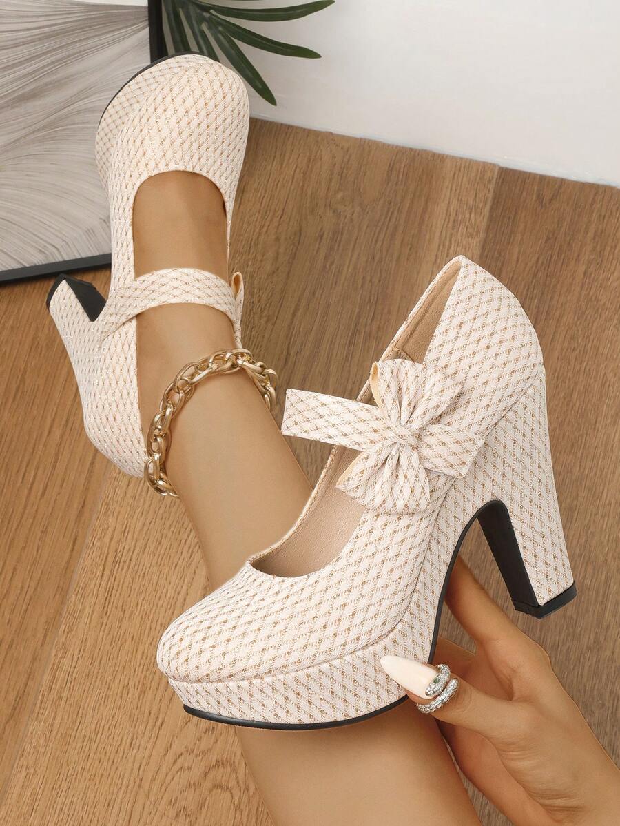 Giày cao gót nơ cho nữ, đế dày chống thấm nước, màu mơ, giày cưới, gót nhọn - Màu be - Xem 1