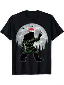 Impresión navideña, camiseta de algodón para hombres, camiseta gráfica, ropa de exterior navideña para hombres, ropa de hombre, camiseta casual de manga corta con cuello redondo, tops para hombres, regalo para hombres - Negro - Ver 1