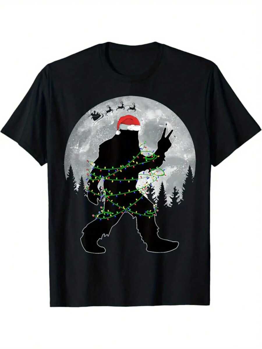 Impresión navideña, camiseta de algodón para hombres, camiseta gráfica, ropa de exterior navideña para hombres, ropa de hombre, camiseta casual de manga corta con cuello redondo, tops para hombres, regalo para hombres - Negro - Ver 1