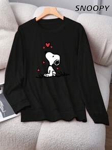 SNOOPY 女士红色爱心休闲长袖可爱漫画印花祝福语上衣，显年轻百搭，适合秋冬季穿着 - 黑色 - 查看 1