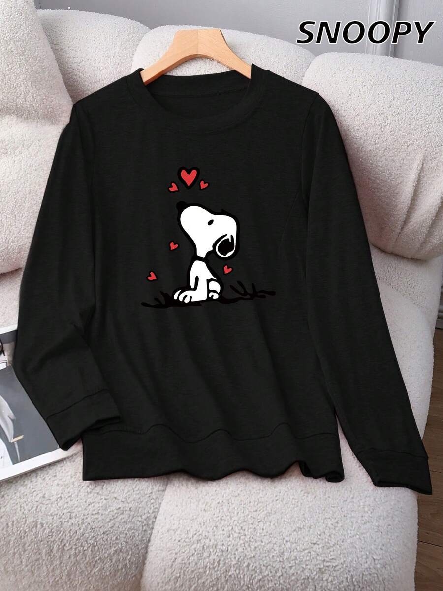 SNOOPY 女士红色爱心休闲长袖可爱漫画印花祝福语上衣，显年轻百搭，适合秋冬季穿着 - 黑色 - 查看 1