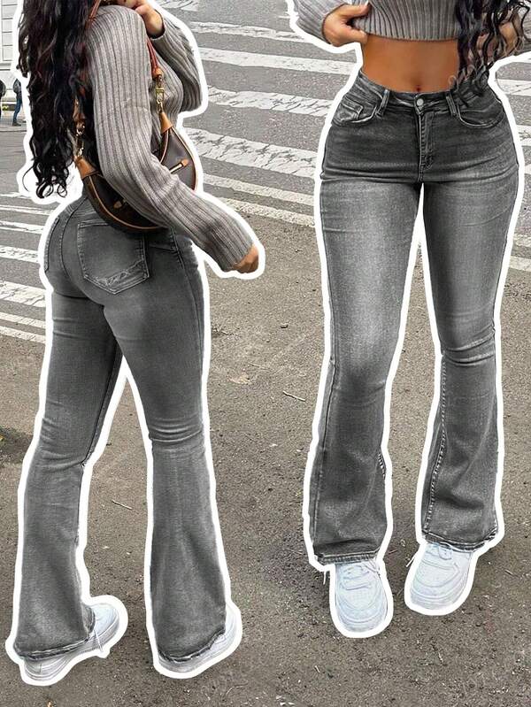 Jeans de campana con efecto desgastado de estilo casual de vacaciones de otoño para mujer