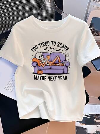 Too Tired To Scare Skeleton Halloween Shirt, Lazy Funny Halloween T-Shirt, Spooky Season Humor Design Tee, Fall Loungewear Gift Idea