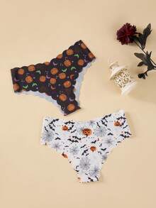 7pcs Halloween Printed Women's Underwear, Comfortable Seamless V-Waist Lifting Wavy Edge Briefs