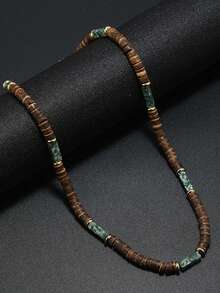 Bohemian Men Necklace Natural Coconut Bead Collar Emperador Stone Short Beach Accessories Gift For Him Wood Jewelry - Mint Green - View 9