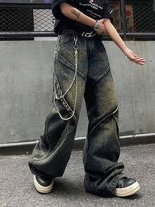 1pc Men's Distressed Vintage Wash Deconstructed Patchwork Wide Leg Jeans (Product Does Not Include Belt And Accessories) - Blue - View 4
