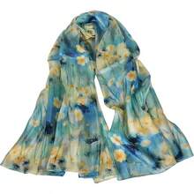 100% Mulberry Silk Scarf For Women Lightweight Long Scarves Beach Wraps Cover Up -Travel Photography Scarfhalloween - 藍色米色花卉 - 查看 1