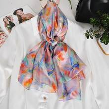 100% Mulberry Silk Scarf For Women Lightweight Long Scarves Beach Wraps Cover Up -Travel Photography Scarfhalloween - 藍色粉紅色蝴蝶 - 查看 2