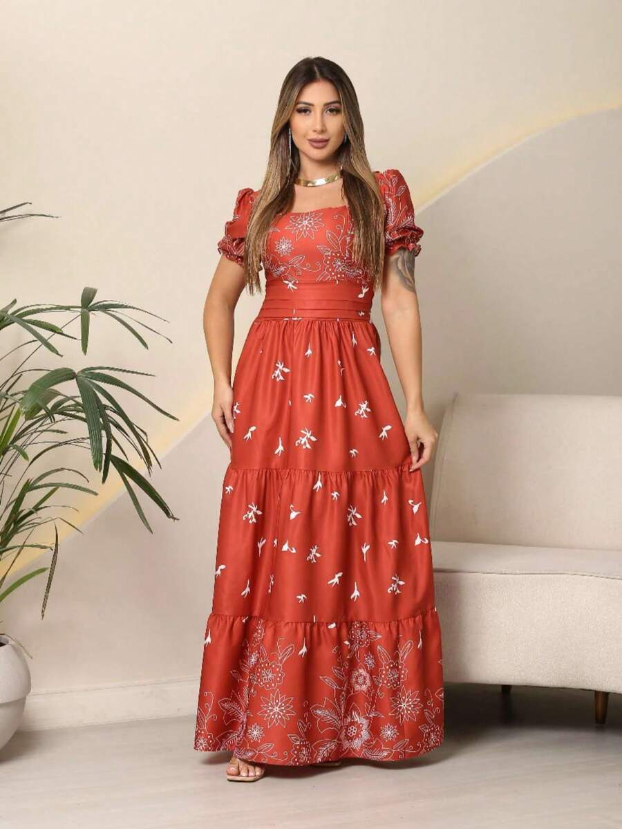 Elegant Long Women's Dress With Print And Short Sleeves - Burnt Orange - View 1