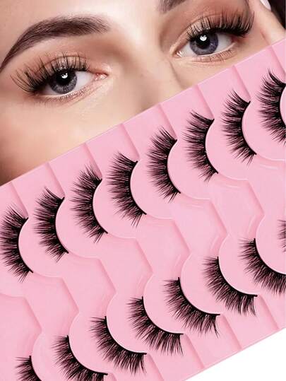 10 أزواج من رموش عين القطة الكاذبة نصف العين، رموش كاذبة منحنية بشكل طبيعي لتكبير العيون، مناسبة للمبتدئين (BY08)