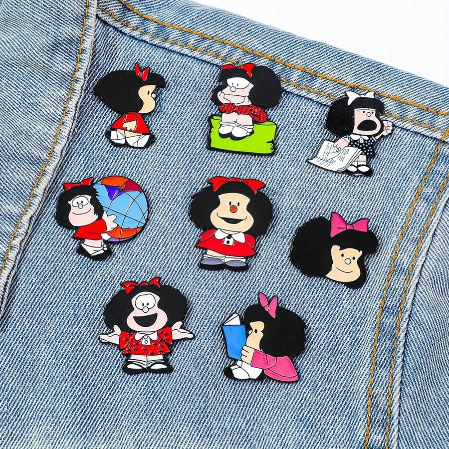 1/8 件经典卡通胸针套装可爱 Mafalda 珐琅别针服装背包珠宝金属徽章配饰送给朋友的礼物 - 均碼 - 查看 1