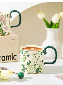 复古轻奢杯子鸢尾花水杯山茶花大容量陶瓷杯陶瓷马克杯礼盒 - 彩色 - 查看 4