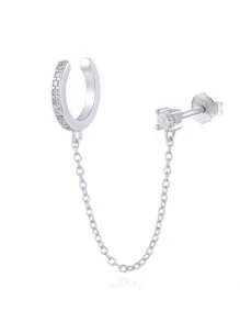 1 pieza Pendiente con cadena de oreja única para mujer | Pendientes de aro con doble perforación y cadena | Pendientes de mujer con circonita cúbica