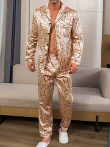 Męski komplet piżamowy, bluzka z długim rękawem i długie spodnie, wzór liter i geometryczny, satyna w kolorze szampańskim, 2-częściowy strój domowy, odpowiedni na każdą porę roku, odzież jesienno-zimowa - Szampan - Zobacz 5